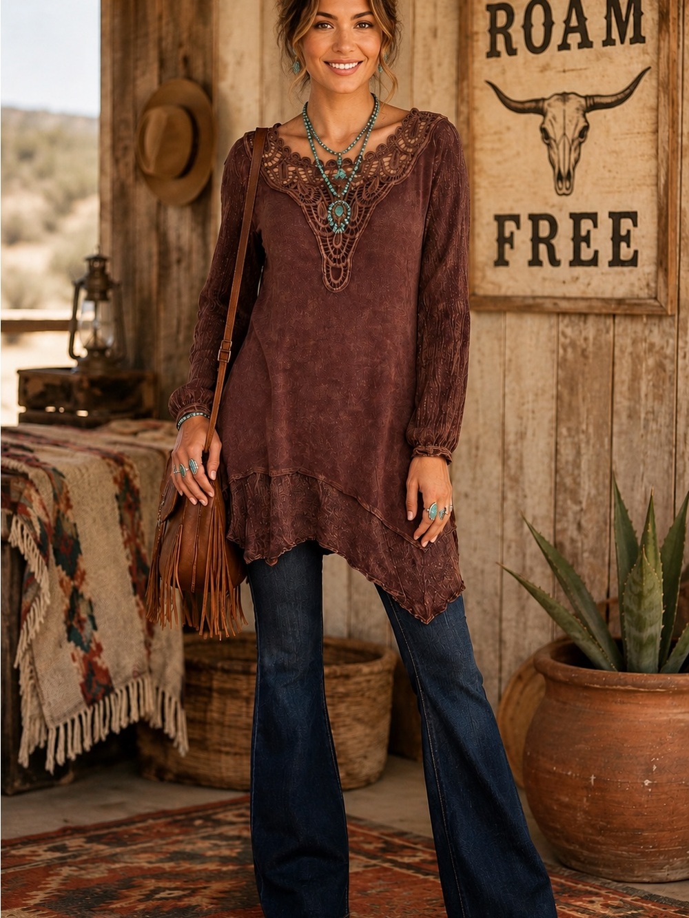 Soft Surroundings Brown Crochet Lace Tunic Blouse – XS - Preloved A25